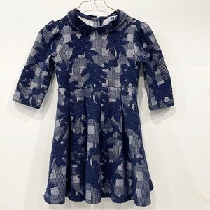 Janie & Jack Girl’s Printed Jacquard Dress Velvet Collar‎ Size 3 Button Blue
